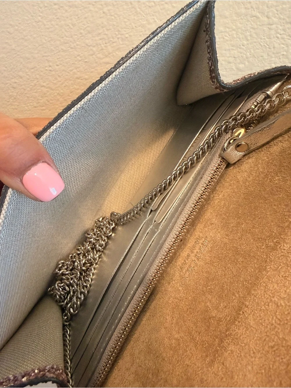Jimmy Choo Emmie Clutch/ Crossbody Bag in Ballet Pink/ Silver/ Anthracite